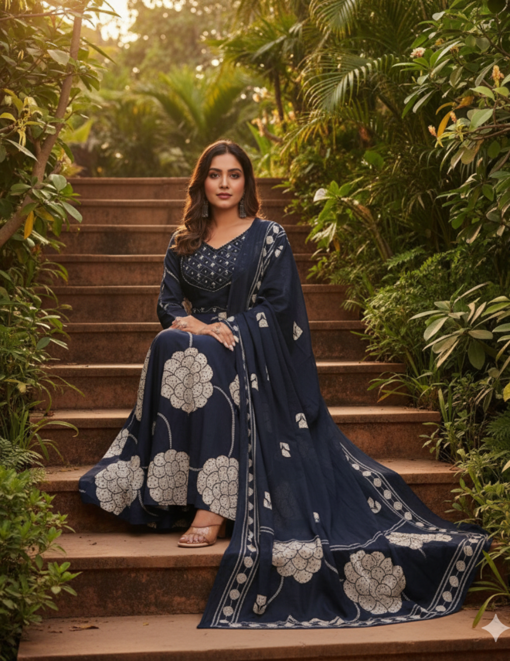 Elegant Navy Blue Cotton Anarkali Set with Printed Dupatta