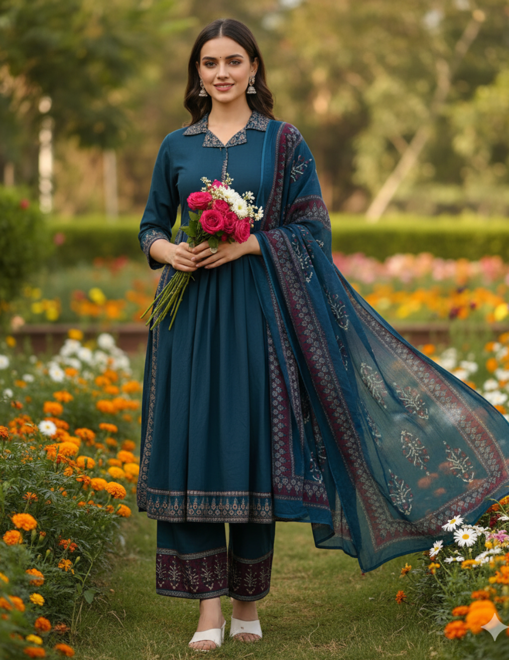 Blue & Magenta Block- Printed Cotton Kurta Set With Dupatta
