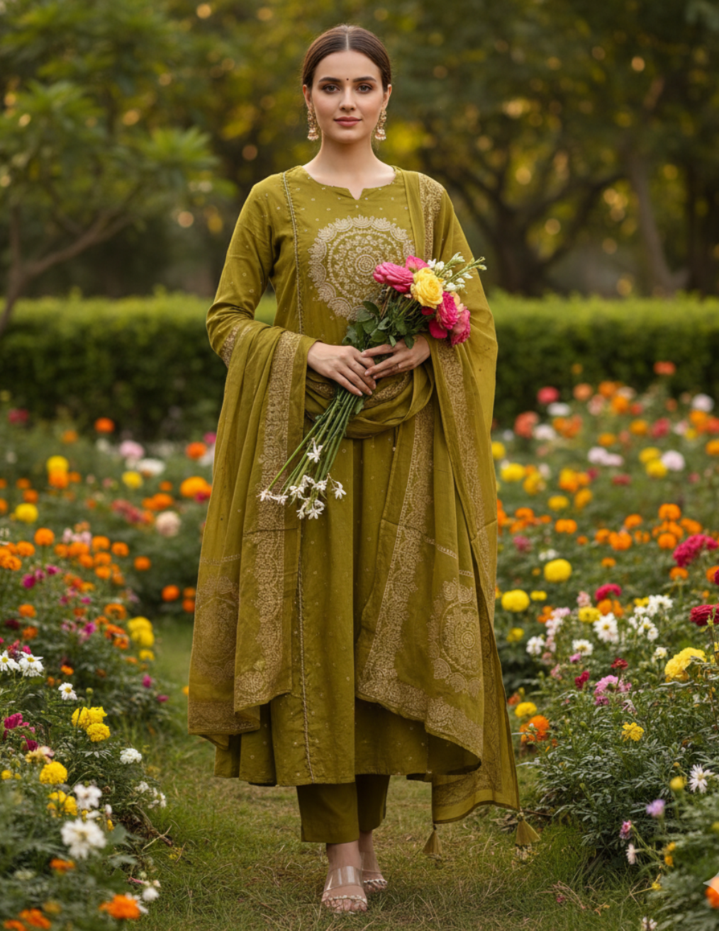 Olive Green and Gold Gota patti Kurta with pant and dupatta