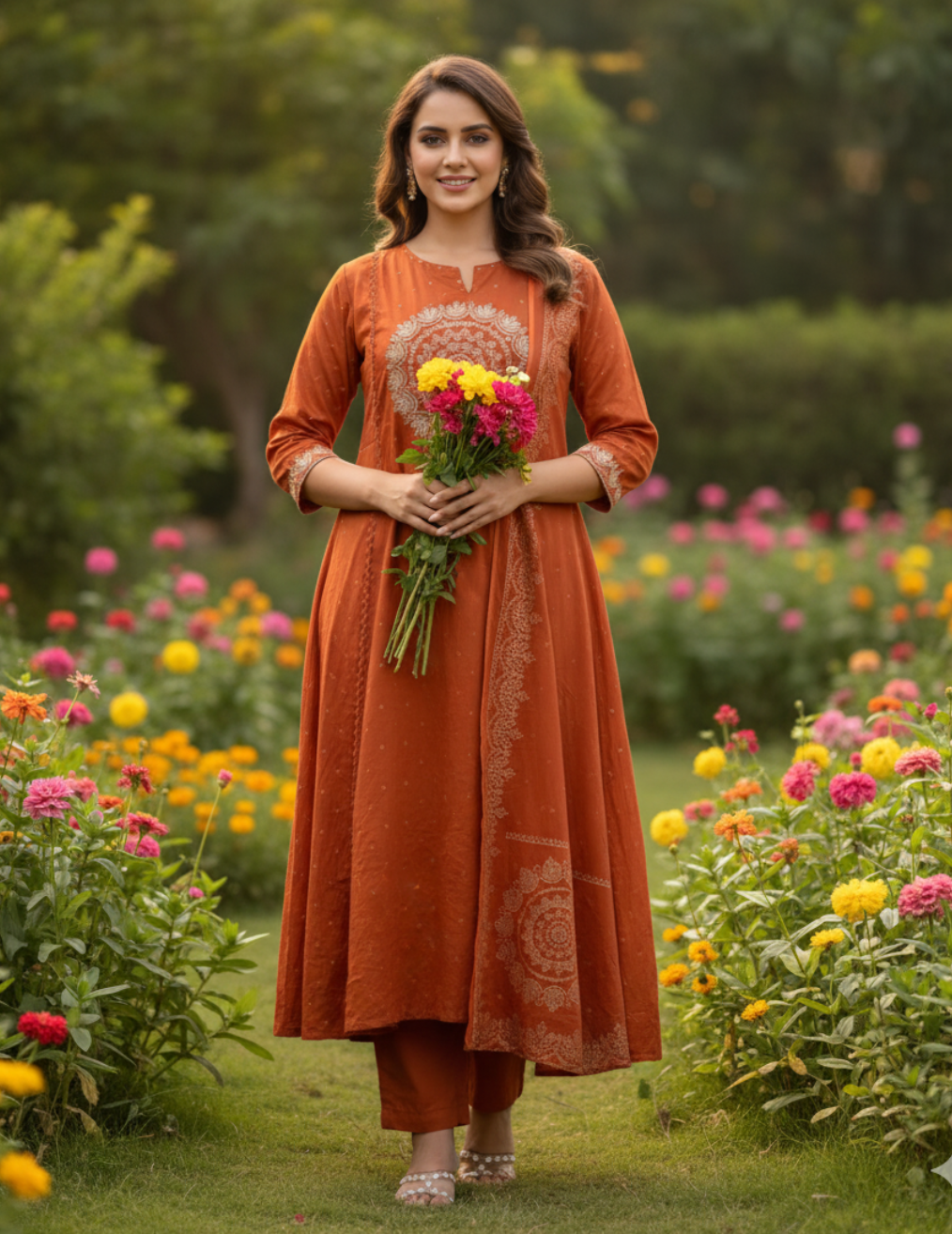 Rust  and Gold Gota patti Kurta with pant and dupatta