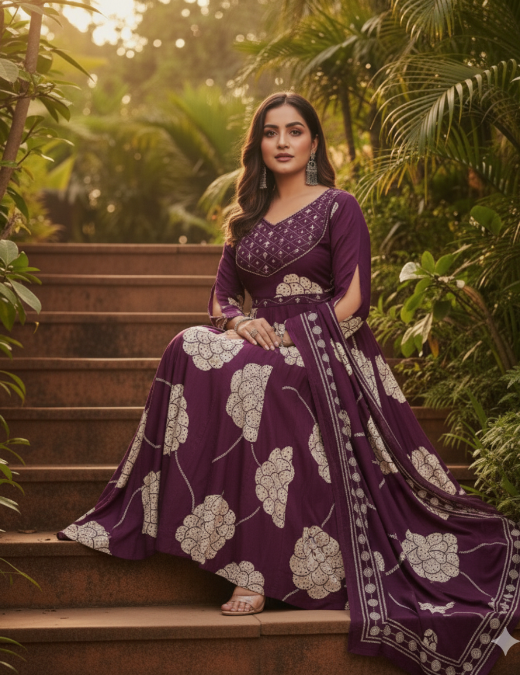 Purple Cotton Anarkali Set with Print Dupatta