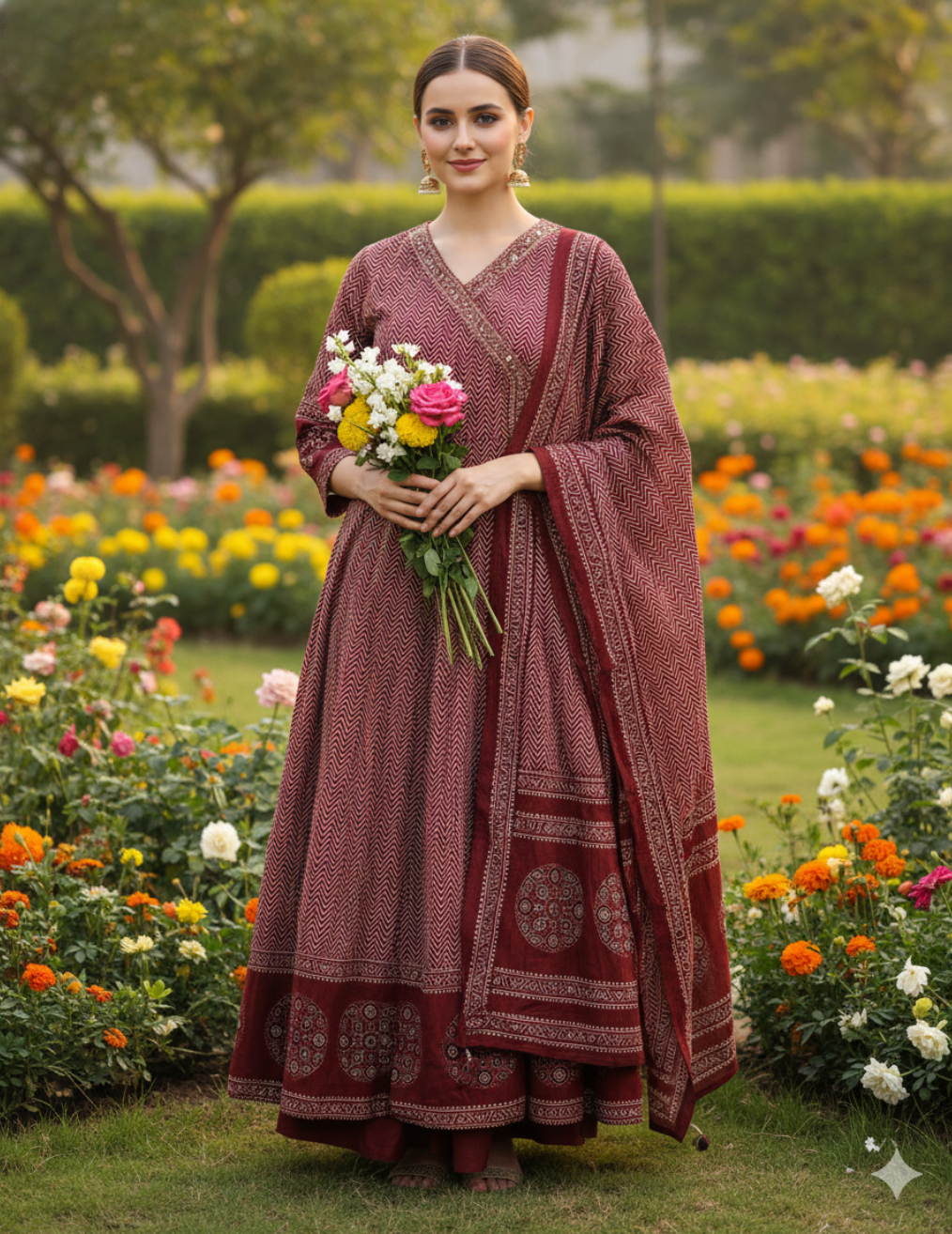 Maroon Chevron Printed Angrakha Anarkali Kurta Set with Dupatta