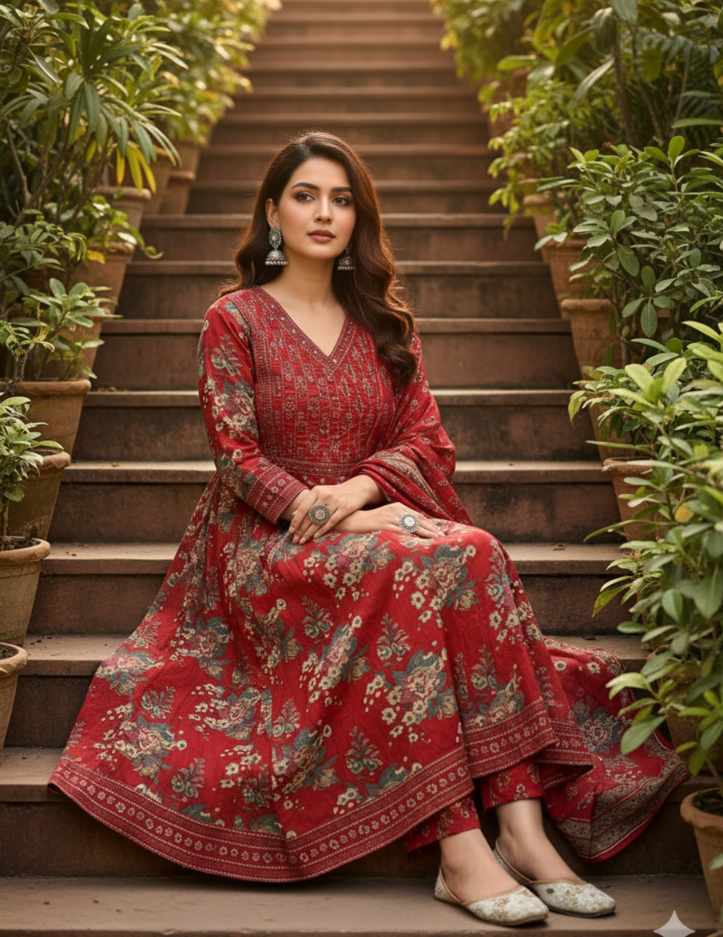 Maroon and Red Floral Printed Anarkali Kurta Set with Dupatta