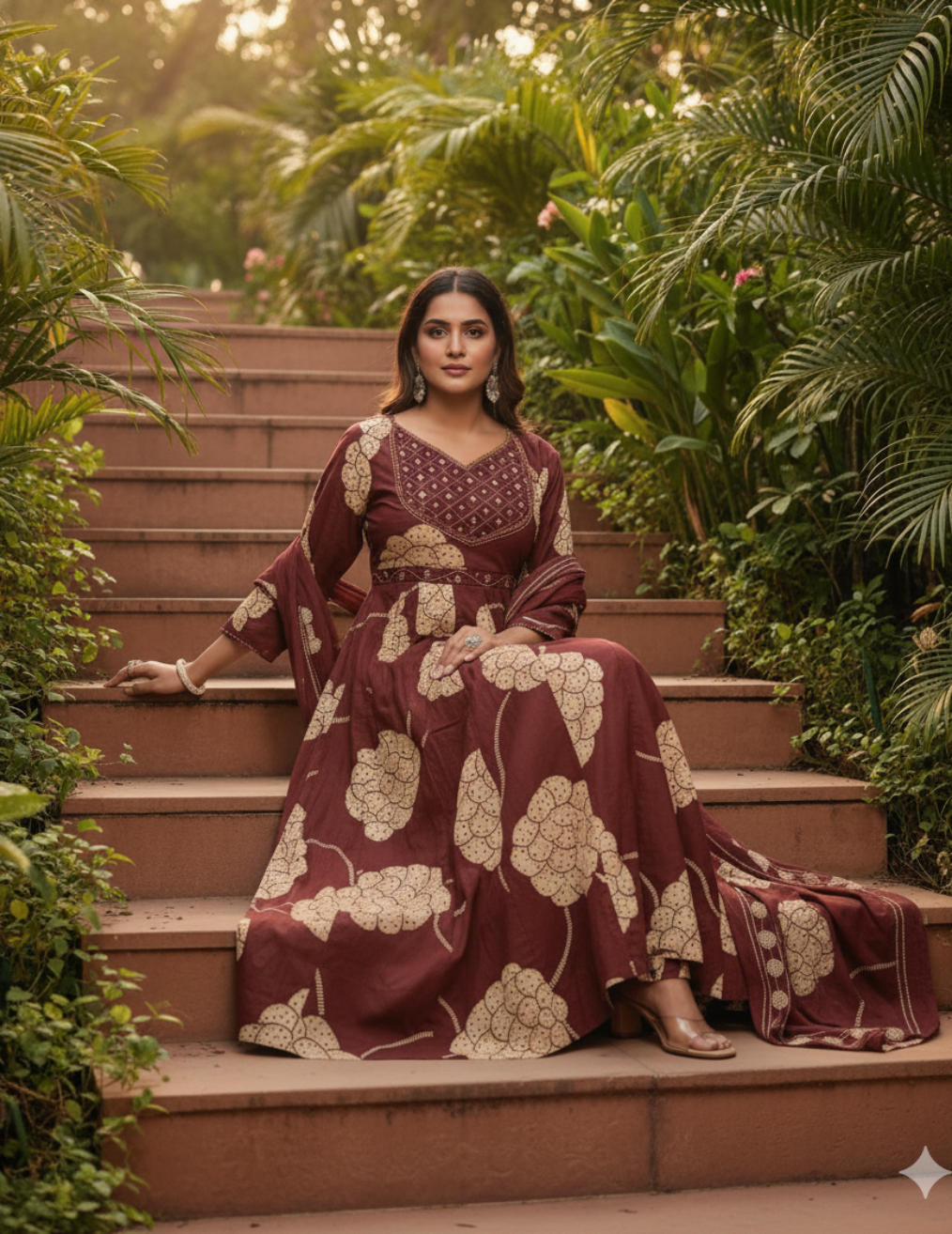 Maroon Cotton Anarkali Set with Printed Dupatta