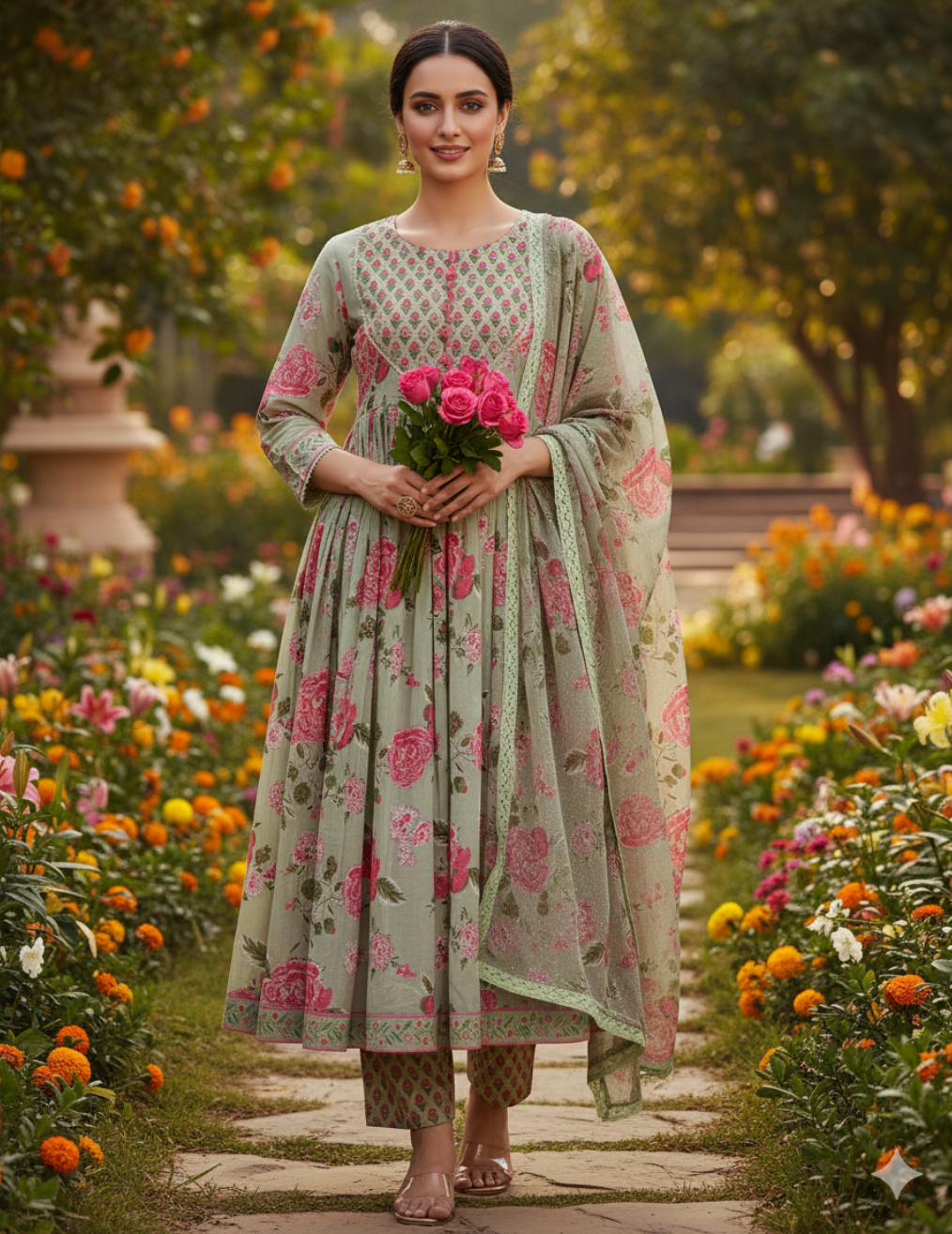 Pastel Green Floral Printed Anarkali Kurta Set with Dupatta