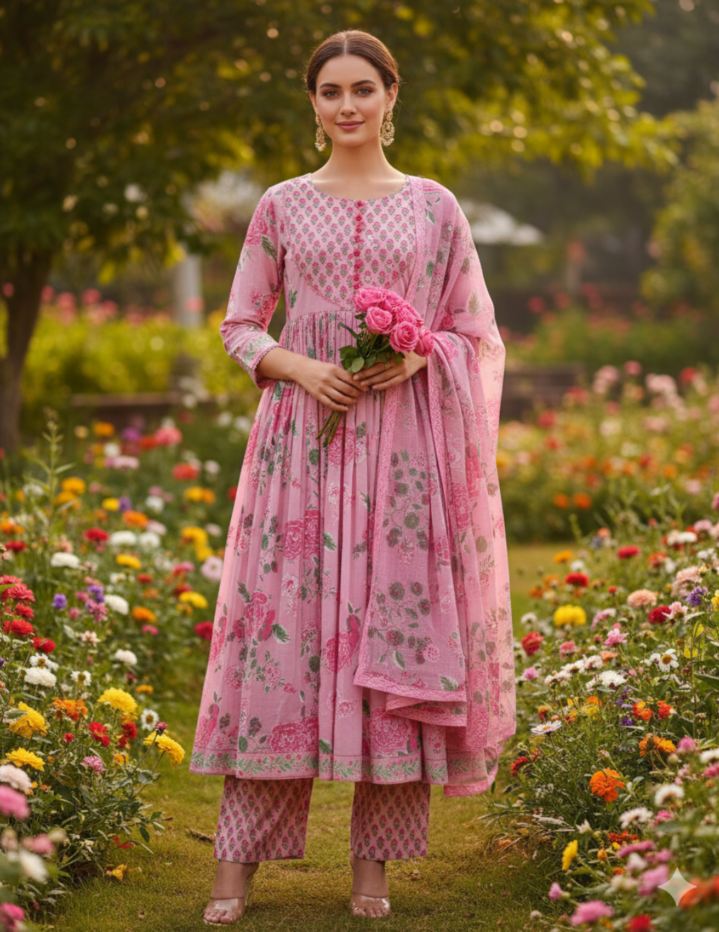 Pink Floral Printed Anarkali Kurta Set with Dupatta