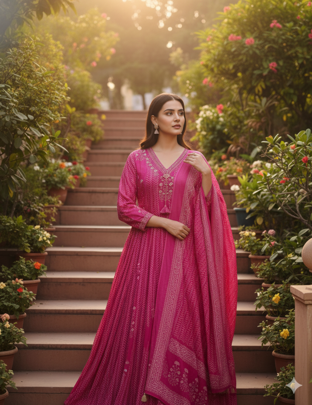 Pink Anarkali Cotton Suit Set with White Block Print and Dupatta