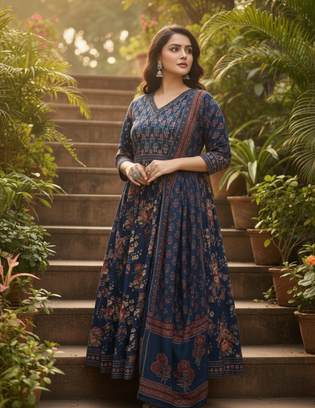 Navy Blue Floral Printed Anarkali Kurta Set with Dupatta