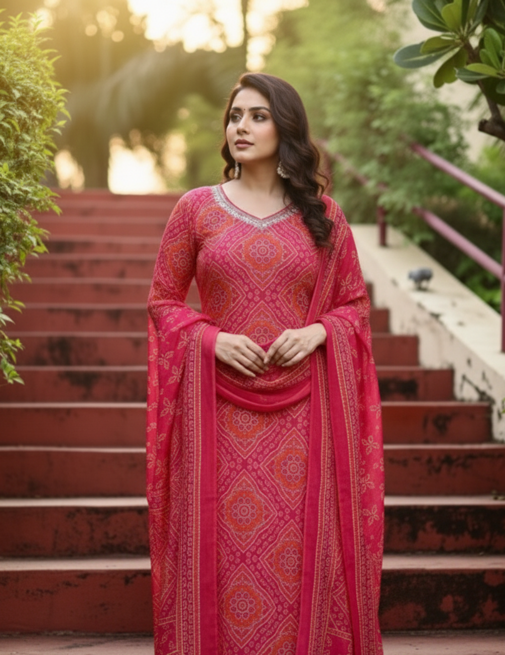 Vibrant Pink Bandhani Print Cotton Suit Set with Dupatta