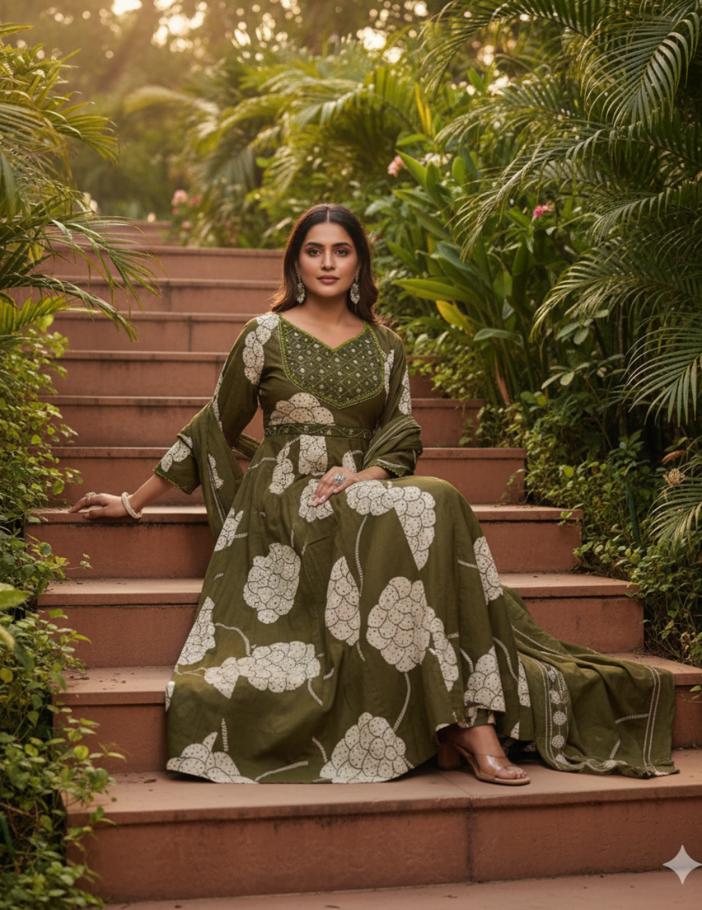 Olive Green Cotton Anarkali Set with Printed Dupatta