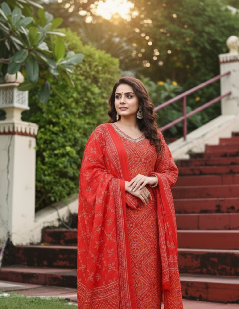 Vibrant Red Bandhani Print Cotton Suit Set with Dupatta