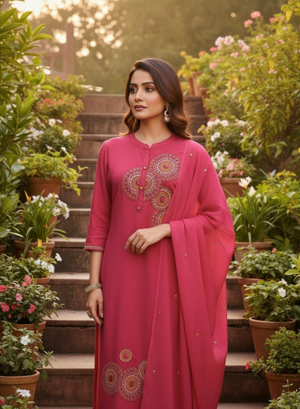 Pink Embroidered Kurta with Pant and Dupatta