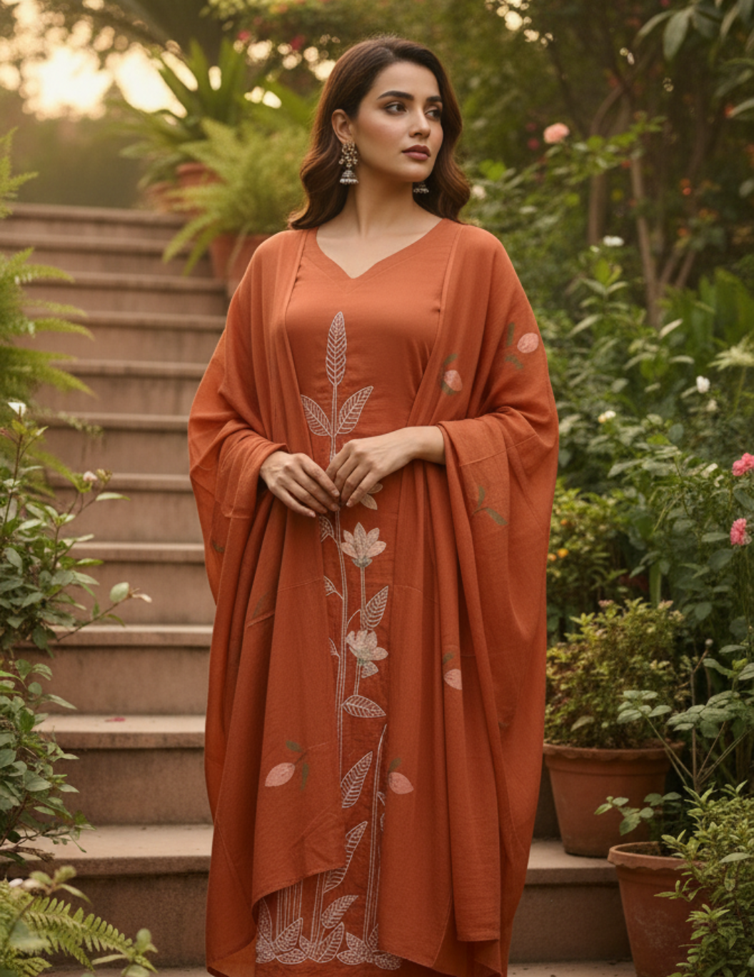 Orange Kurta Set with White Floral Embroidery
